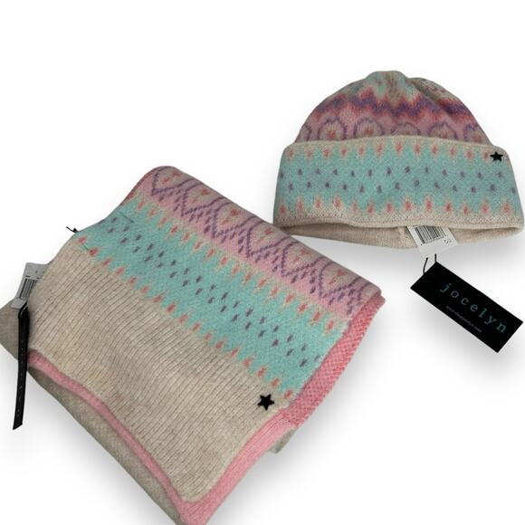 NEW Jocelyn Brand Scarf & Hat Set Pastel Winter Fair Isle Print Wool Blend NWT - Picture 10 of 16
